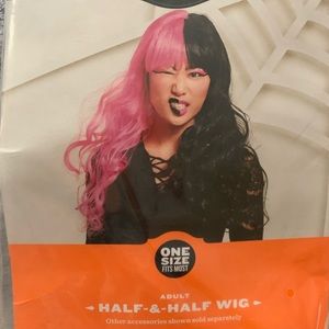 Halloween 2024- Half & Half Pink Black Adult Long Hair Wig NWT
